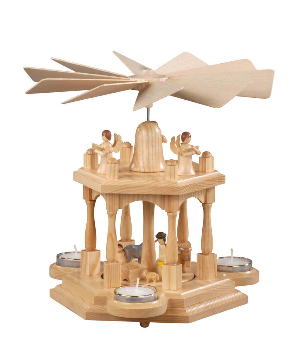Christmas pyramid for tea lights with Holy Family, 29 cm, natural by Albin Preißler