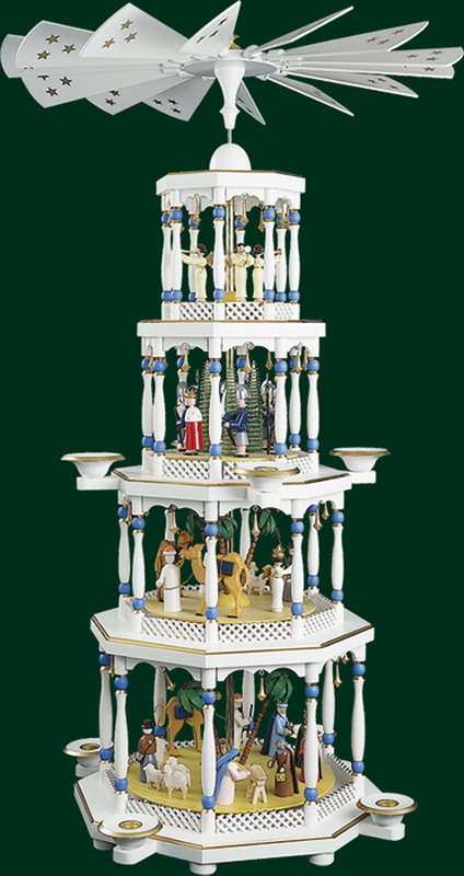 Christmas pyramid of the Nativity of Christ, 4-tiers, white by Richard Glässer