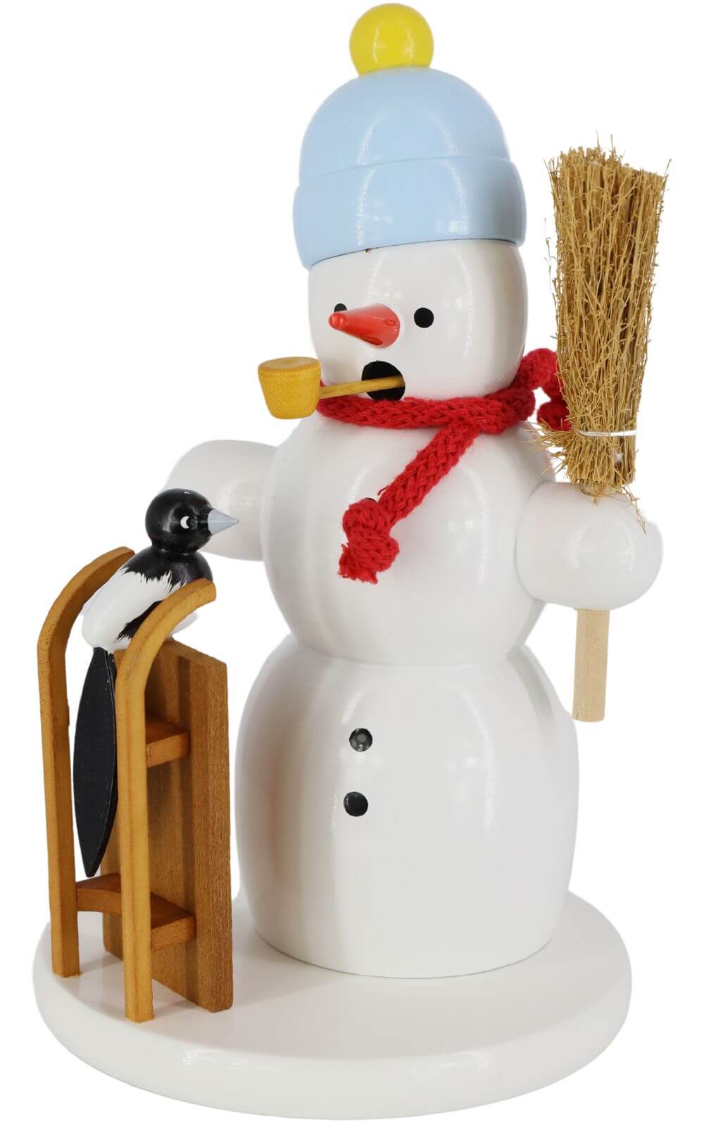 Smoking man snowman with sledge and magpie, 18 cm by Volker Zenker_2