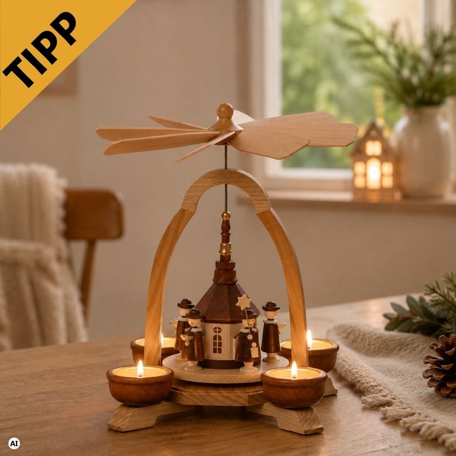 Teelicht-Weihnachtspyramide mit Seiffener Kirche, 24 cm von Thomas Preißler