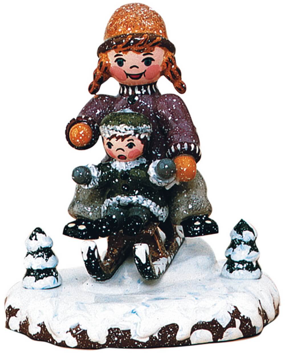 Miniature winter child sledge driver, 7 cm, colored by Hubrig Volkskunst