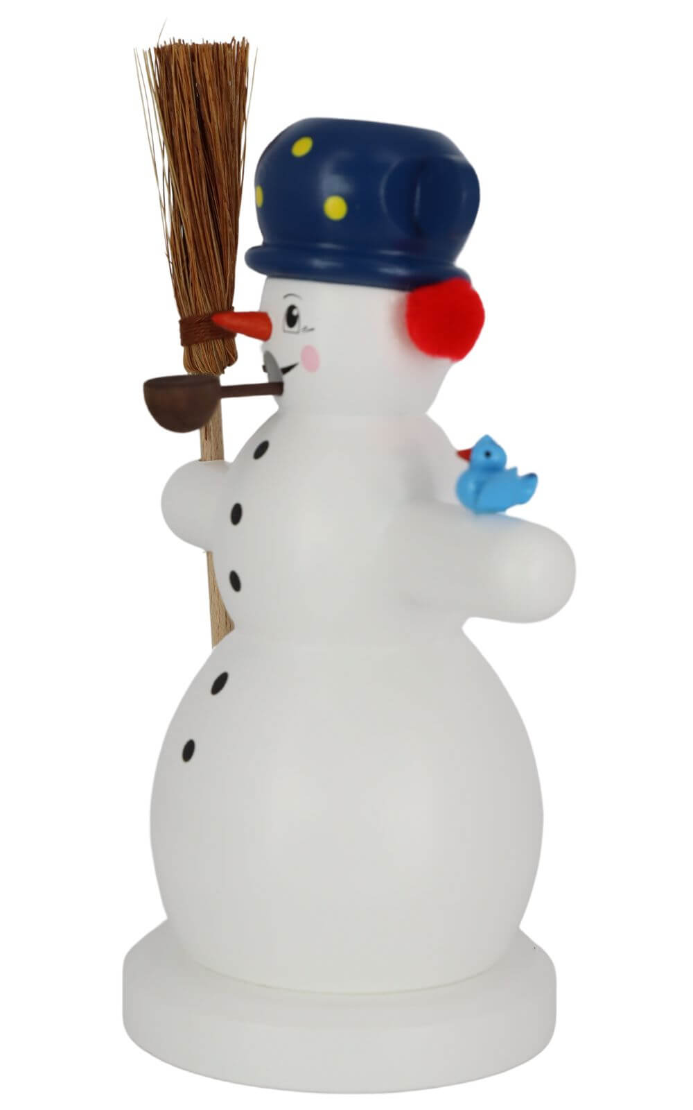Smoking man snowman with broom and bird, 15 cm, colored by Richard Glässer_3