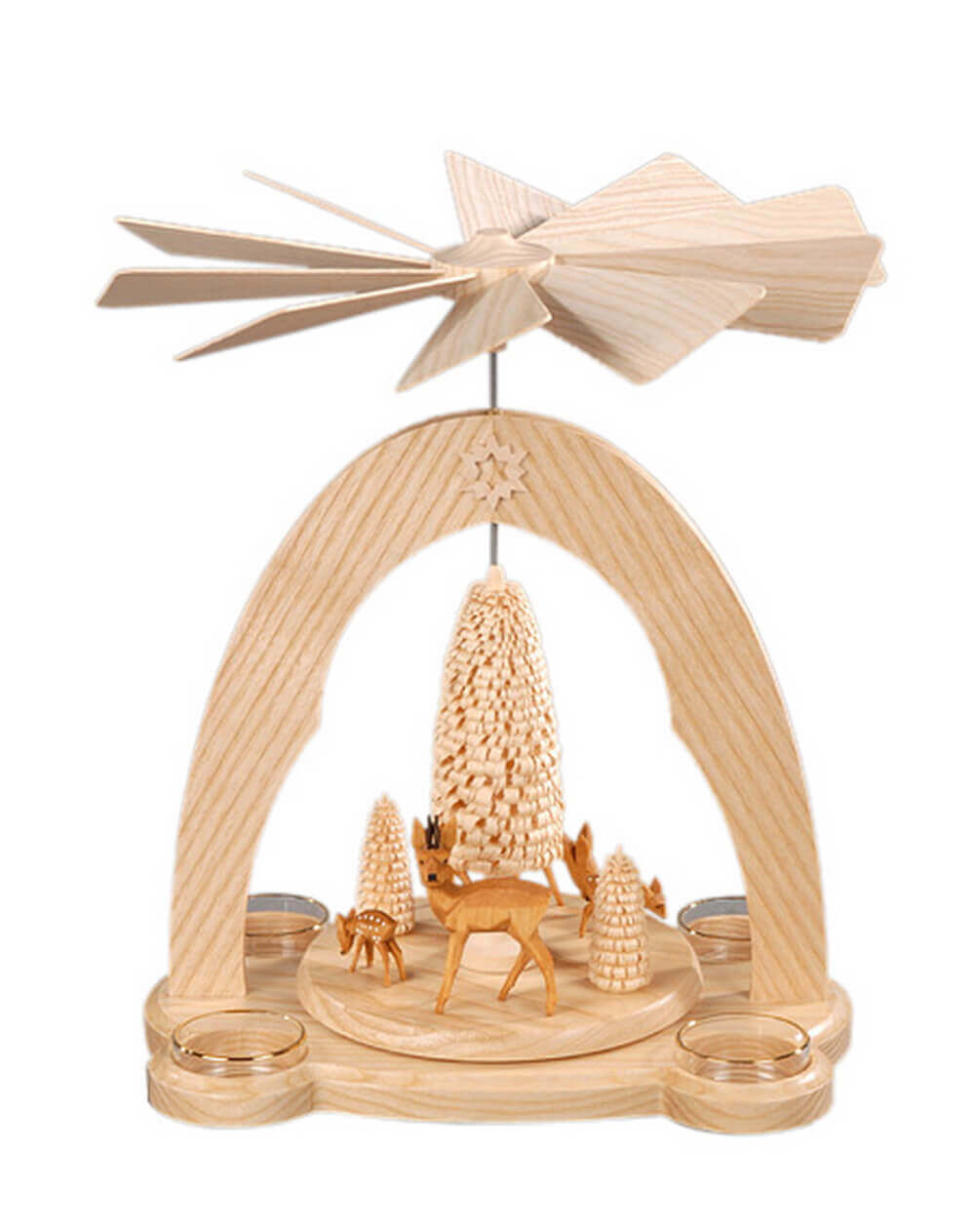 Tealight pyramid with carved group of deer, 28 cm by Albin Preißler