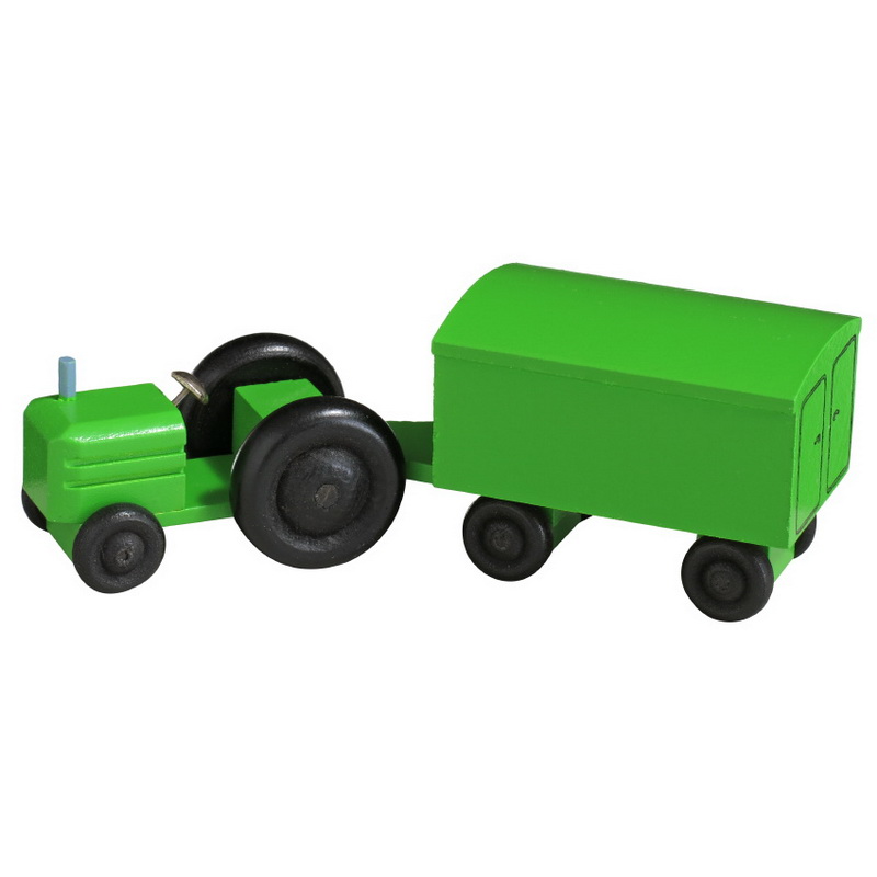 Wooden toy tractor with trailer suitcase, colored by Robbi Weber