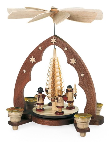Weihnachtspyramide Geschenkeengel Spitzbogen, natur, 28 cm, Müller Kleinkunst aus dem Erzgebirge