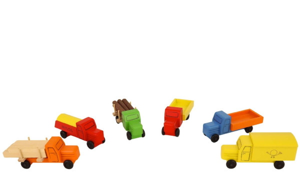 Wooden toy truck, coloured, 6 pieces assorted by Robbi Weber from Seiffen in the Ore Mountains Robbi Weber Wooden Toy Trucks: Handcrafted Quality from Seiffen …
