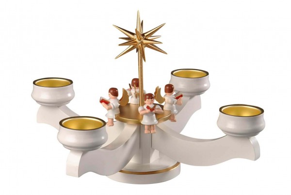 Advent candlestick with 4 sitting angels, white for tea lights by Albin Preißler
