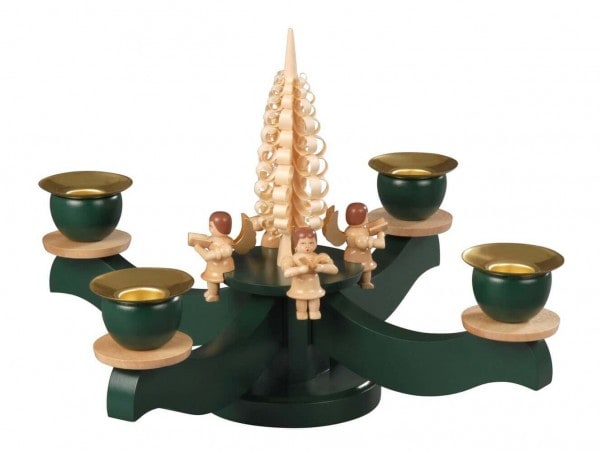Advent candlestick, green with 4 sitting natural - colored angels by Albin Preißler