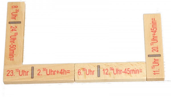 Wooden Artithmetical Domino, Time, 40 pieces, 16 x 20 x 3 cm, Spielalter ab 3 Jahre, Erzgebirgische Holzspielwaren Ebert GmbH Olbernhau/ Erzgebirge