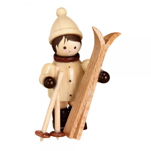 German Wooden Figurin Boy with Ski, mini - natur, 4 cm, Romy Thiel Deutschneudorf/ Erzgebirge