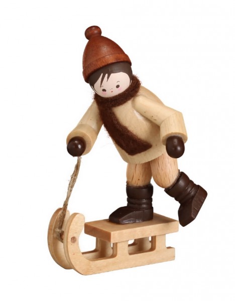 German Wooden Figurin Winterchild Rodelkunst, nature, 6 cm, Romy Thiel Deutschneudorf/ Erzgebirge