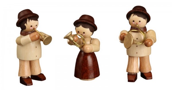 German Wooden Figurin Huntsmen, 3 pieces, mini, 4 cm, Romy Thiel Deutschneudorf/ Erzgebirge