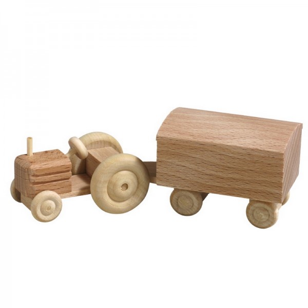 Wooden Car tractor with wagon, nature, 7,5 cm, Spielalter ab 3 Jahre, Robbi Weber Seiffen/ Erzgebirge