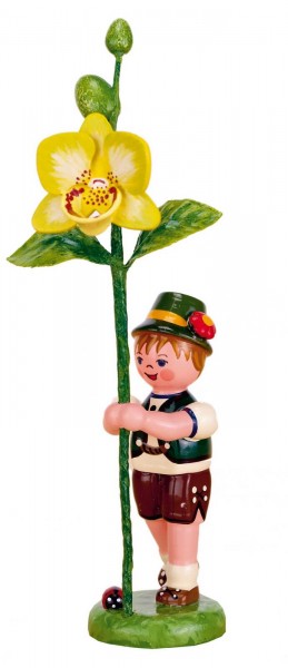 Junge mit Orchidee aus der Serie Hubrig Blumenkinder aus Holz