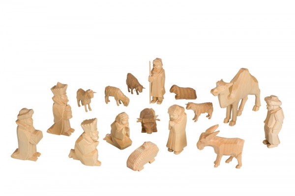 Nativity scene 16 - pieces, carved, natural by SEIFFEN.COM