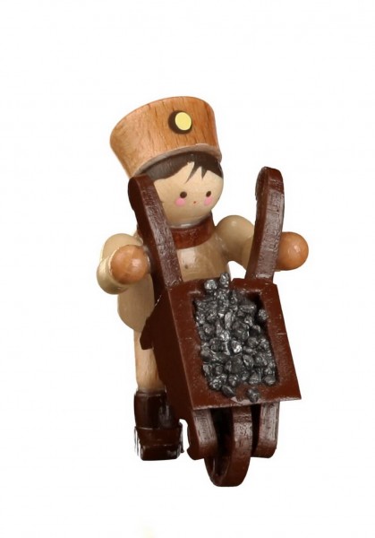 German Wooden Figurin German Miner with hand barrow, mini, nature, 4 cm, Romy Thiel Deutschneudorf/ Erzgebirge