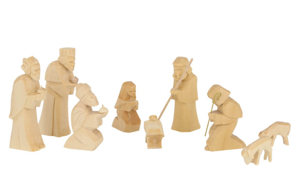 Holy Family, 9-piece set, carved, natural finish by SEIFFEN.COM