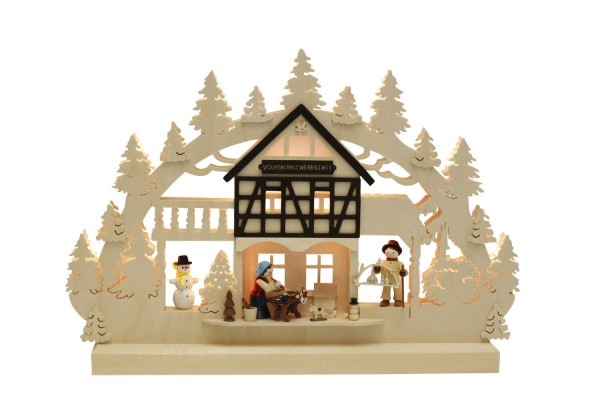 Schwibbogen von Romy Thiel mit dem Motiv einer Volkskunstwerkstatt, 42 cm_Bild1