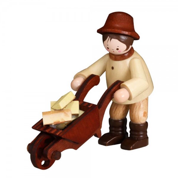 German Wooden Figurin Wood Man with Pushcart, nature, 6 cm, Romy Thiel Deutschneudorf/ Erzgebirge