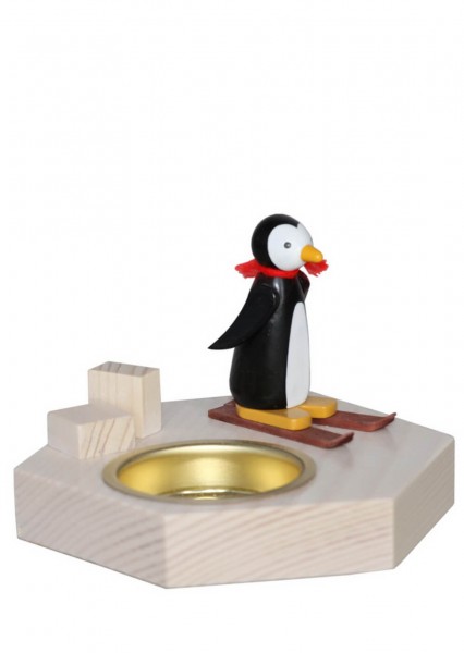 Teelichthalter Pinguin mit Ski, 6 cm von Volker Zenker aus Seiffen