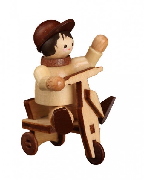 German Wooden Figurin Paulchen with Tricycle, mini - nature, 4 cm, Romy Thiel Deutschneudorf/ Erzgebirge
