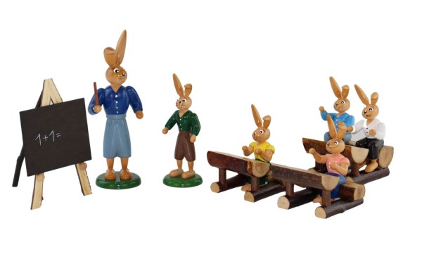 Rabbit school, 5 children and 1 teacher, 12 cm by Holzkunst Gahlenz