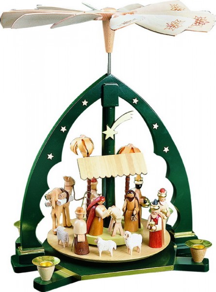 German Christmas Pyramid Nativity, green, Height 40 cm, Richard Glässer GmbH Seiffen/ Erzgebirge