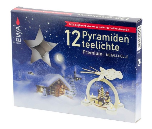 EWA pyramid tea lights in metal case, premium, 12 pieces by Ebersbacher Kerzenfabrik GmbH