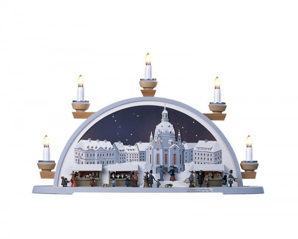 Schwibbogen Frauenkirche Dresden mit Striezelmarkt um 1900, komplett elektrisch beleuchtet, 54 × 32 × 12 cm, Manufaktur Klaus Kolbe