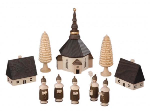 Seiffen village and Kurrende with cap, 10-piece by Albin Preißler