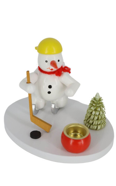 Candle holder with snowman ice hockey player, colored, 8 cm by Volker Zenker