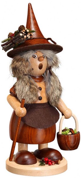 Smoking man gnome woman with mushroom basket, 25 cm from DWU Drechselwerkstatt Uhlig