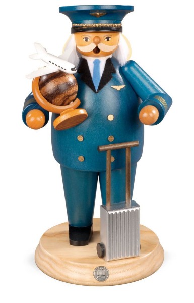 Smoking man flying captain made of wood by Müller Kleinkunst from Seiffen