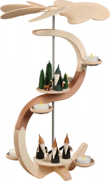 Weihnachtspyramide mit Bergwichtel und Jägerwichtel, S-Form von Seiffener Volkskunst