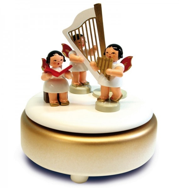 Music Box with 3 Christmas Angels, red wings, 13 cm, Frieder & André Uhlig Seiffen/ Erzgebirge