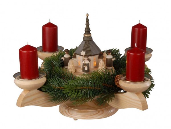 German Advent Candlestick, nature - Church of Seiffen (illuminated) with Kurrende