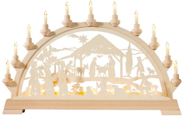 KWO Schwibbogen Heilige Familie mit Königen aus Holz, elektrisch beleuchtet