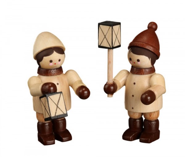 German Wooden Figurin Children with Latern, mini - nature, 4 cm, Romy Thiel Deutschneudorf/ Erzgebirge
