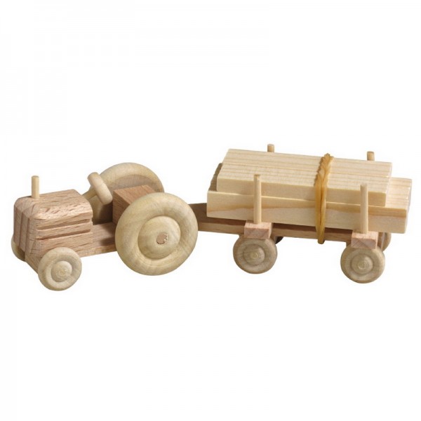 Wooden Car tractor with wagon wood, nature, 7,5 cm, Spielalter ab 3 Jahre, Robbi Weber Seiffen/ Erzgebirge