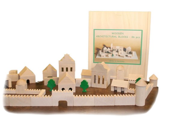 Wooden Construction Kit Architectural, 86 Wooden bricks, 25,5 x 29 x 4,5 cm, Spielalter ab 3 Jahre, Erzgebirgische Holzspielwaren Ebert GmbH Olbernhau/ …