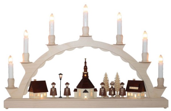 Candle arch with Seiffen village, illuminated Street lamp and church clock from SEIFFEN.COM
