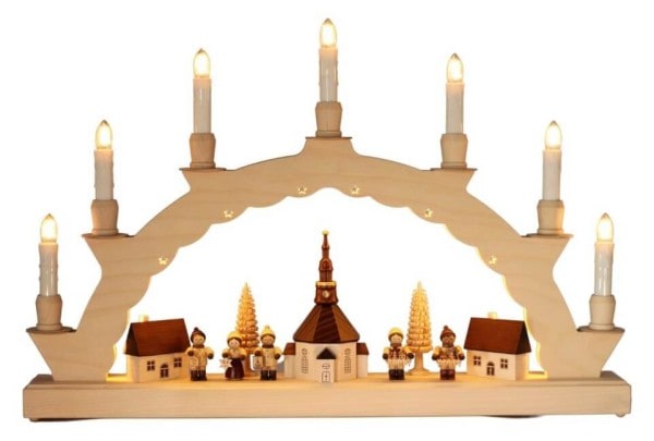 LED Candle arch Seiffen village with Thiel children and 2-fold lighting of SEIFFEN.COM