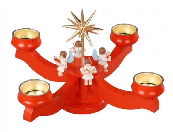 Albin Preißler Adventsleuchter mit 4 sitzenden Engeln, rot, für Teelichter 