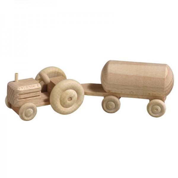 Wooden Car tractor with wagon, nature, 7,5 cm, Spielalter ab 3 Jahre, Robbi Weber Seiffen/ Erzgebirge
