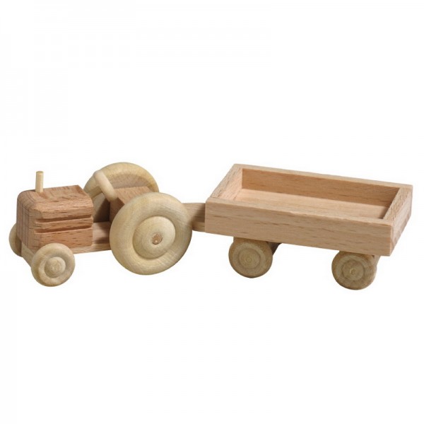 Wooden Car tractor with wagon, nature, 7,5 cm, Spielalter ab 3 Jahre, Robbi Weber Seiffen/ Erzgebirge