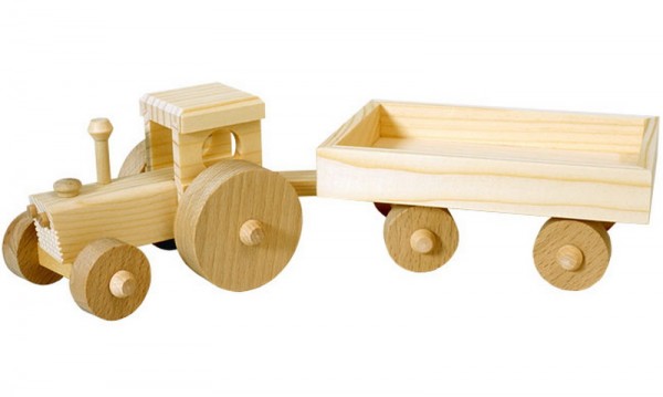Wooden Tractor with Wagon, 30 cm, Spielalter ab 3 Jahre, Robbi Weber Seiffen/ Erzgebirge