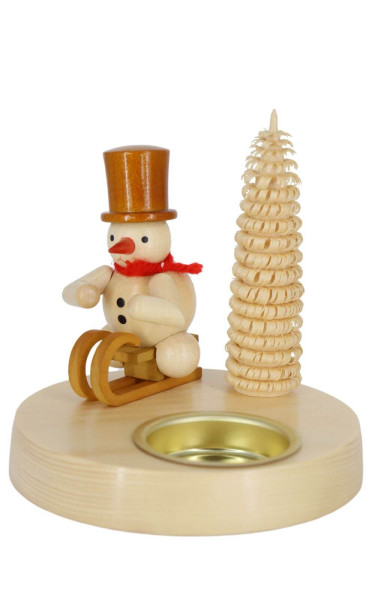 Kerzenhalter für Teelichte mit Schneemann auf Schlitten, 10 cm, natur von Ralf Zenker