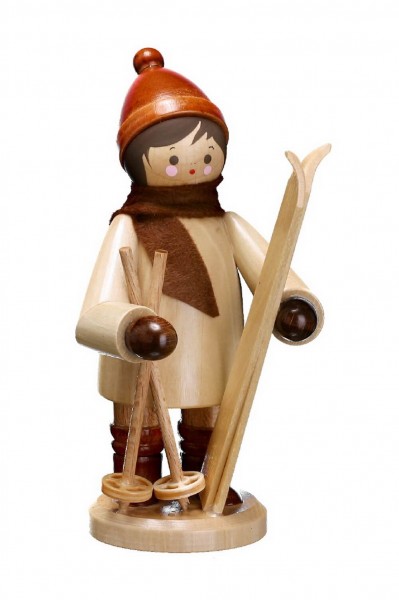 German Wooden Figurin Boy with Ski vertical, big, nature, 12 cm, Romy Thiel Deutschneudorf/ Erzgebirge