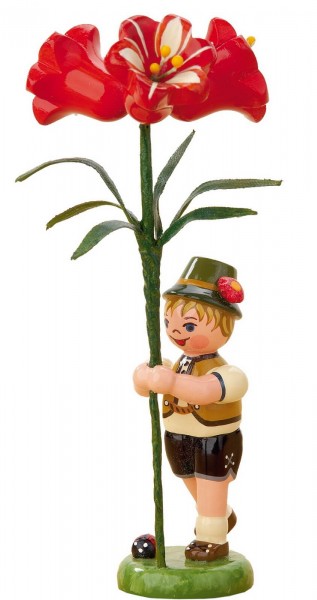 German Spring Figurin boy with Amarilys, 11 cm, Hubrig Volkskunst GmbH Zschorlau/ Erzgebirge